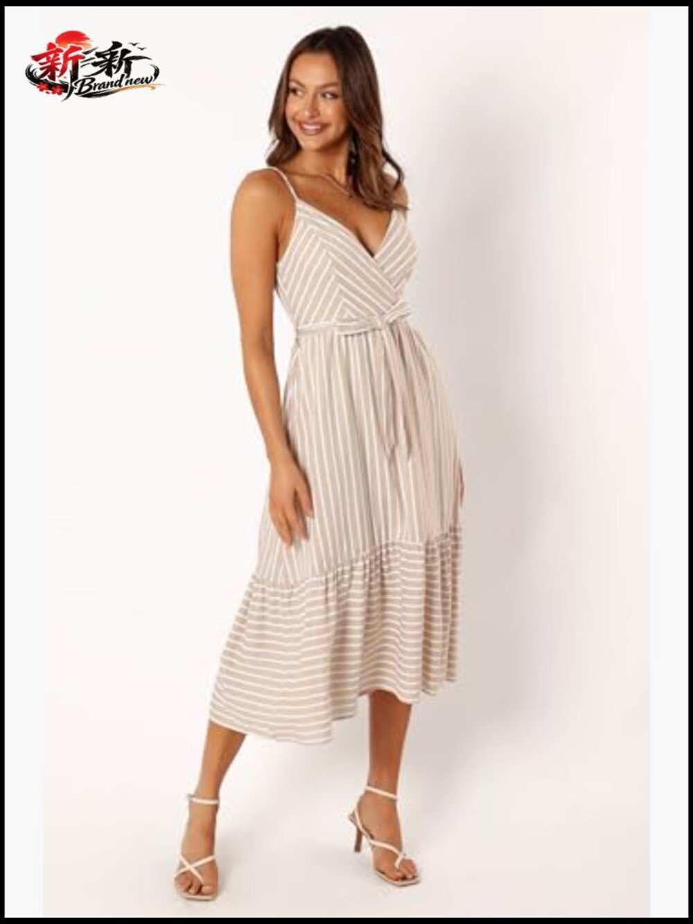 Midi Dress with V-Neck Overlay and Adjustable Straps - Picture 2 of 7